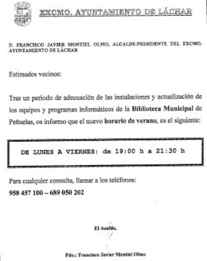horario biblioteca de Peñuelas (Granada)